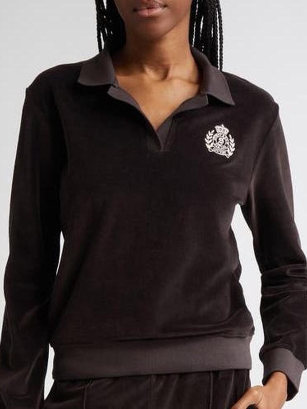 NWT Sporty & Rich NY Crest Long Sleeve Velour Polo Collared Top in Chocolate XS